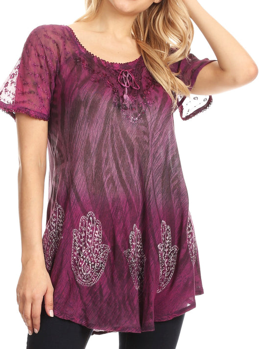 Sakkas Lily Blusa Casual de Verano de Manga Corta con Estampado y Encaje