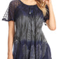 Sakkas Lily Casual Everyday Summer Short Sleeve Top Blouse with Block Print & Lace