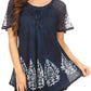 Sakkas Alberta Womens Short Sleeve Corset Blouse Top with Batik and Lace Sleeves