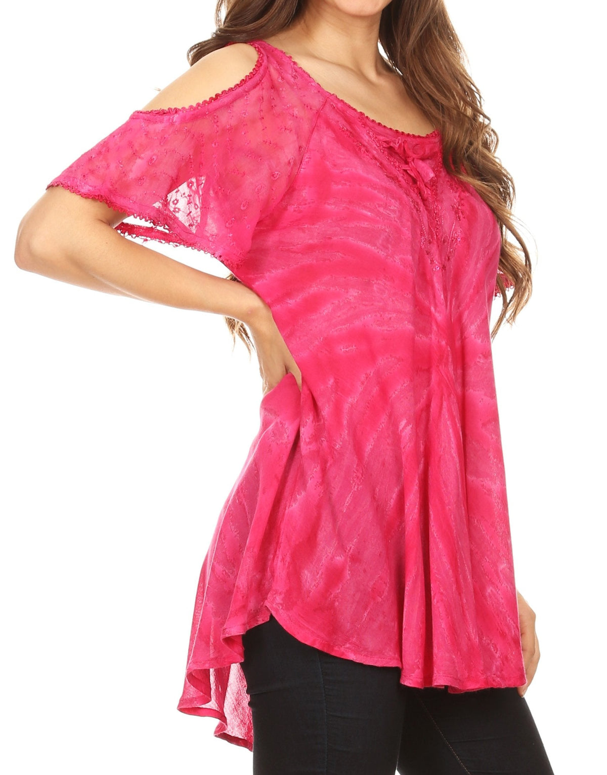 Sakkas Filipa Womens Cold Shoulder Top Blouse Tie-dye with Corset and Embroidery
