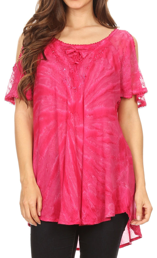 Sakkas Filipa Blusa Superior de Mujer con Hombros Descubiertos, Teñido Anudado con Corsé y Bordado