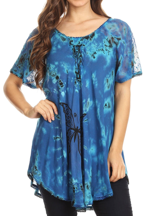 Sakkas Mayar - Blusa de manga corta teñida anudada para mujer, con encaje y corsé, uso diario