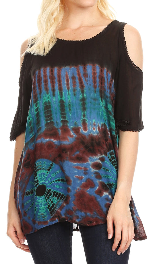 Sakkas Luz Blusa Top de Mujer Estilo Bohemio Étnico con Hombros Descubiertos y Estampado Tie Dye Acampanado
