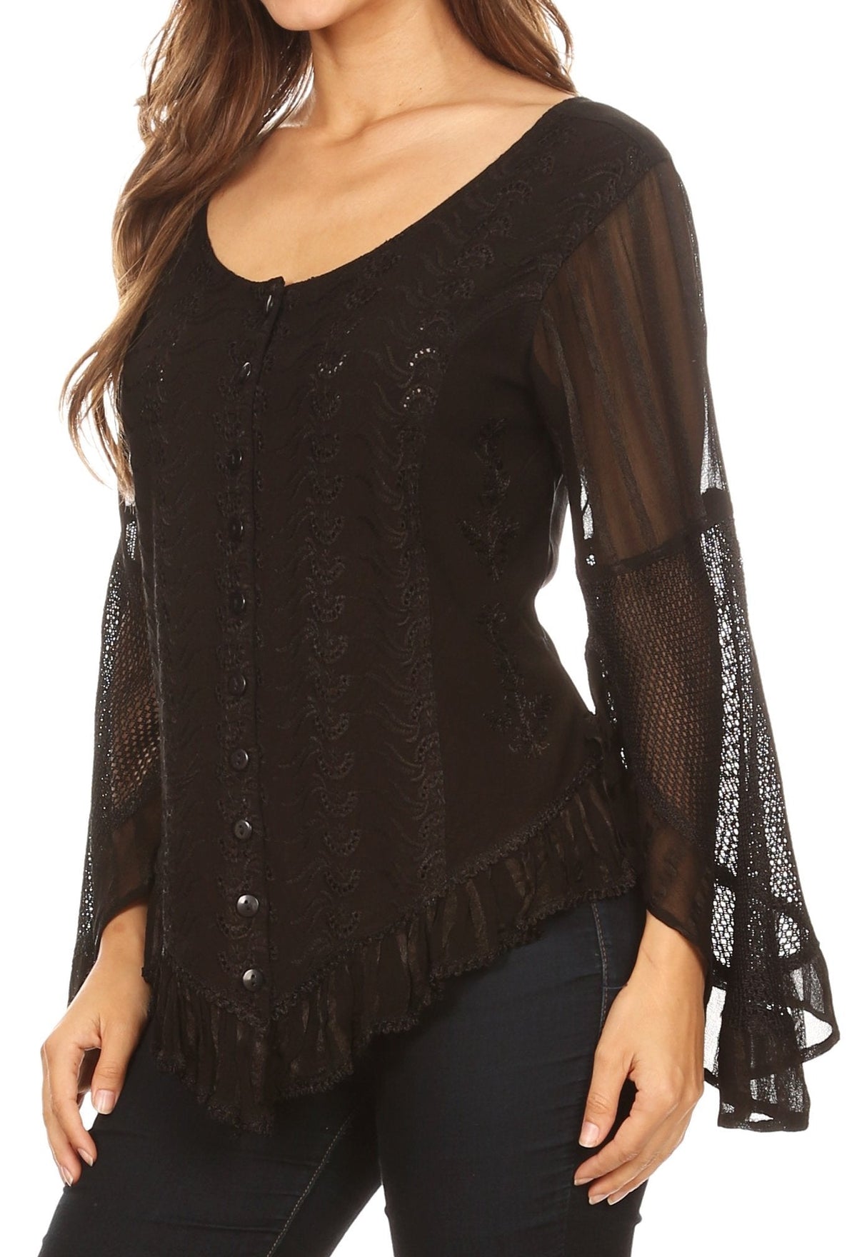 Sakkas Marga Blusa de Mujer con Botones Manga Larga Encaje Liso Sencilla
