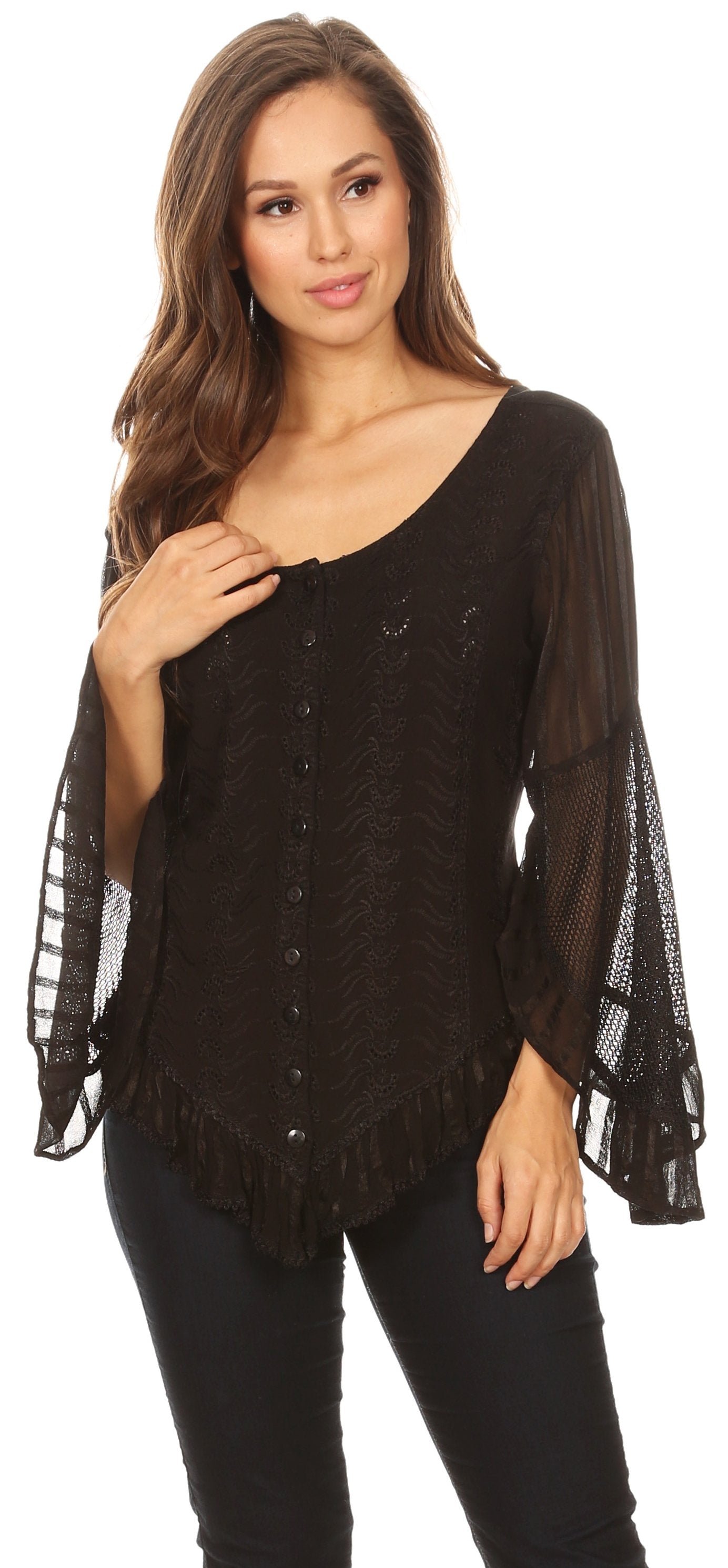 Sakkas Marga Blusa de Mujer con Botones Manga Larga Encaje Liso Sencilla