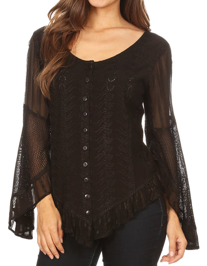 Sakkas Marga Blusa de Mujer con Botones Manga Larga Encaje Liso Sencilla