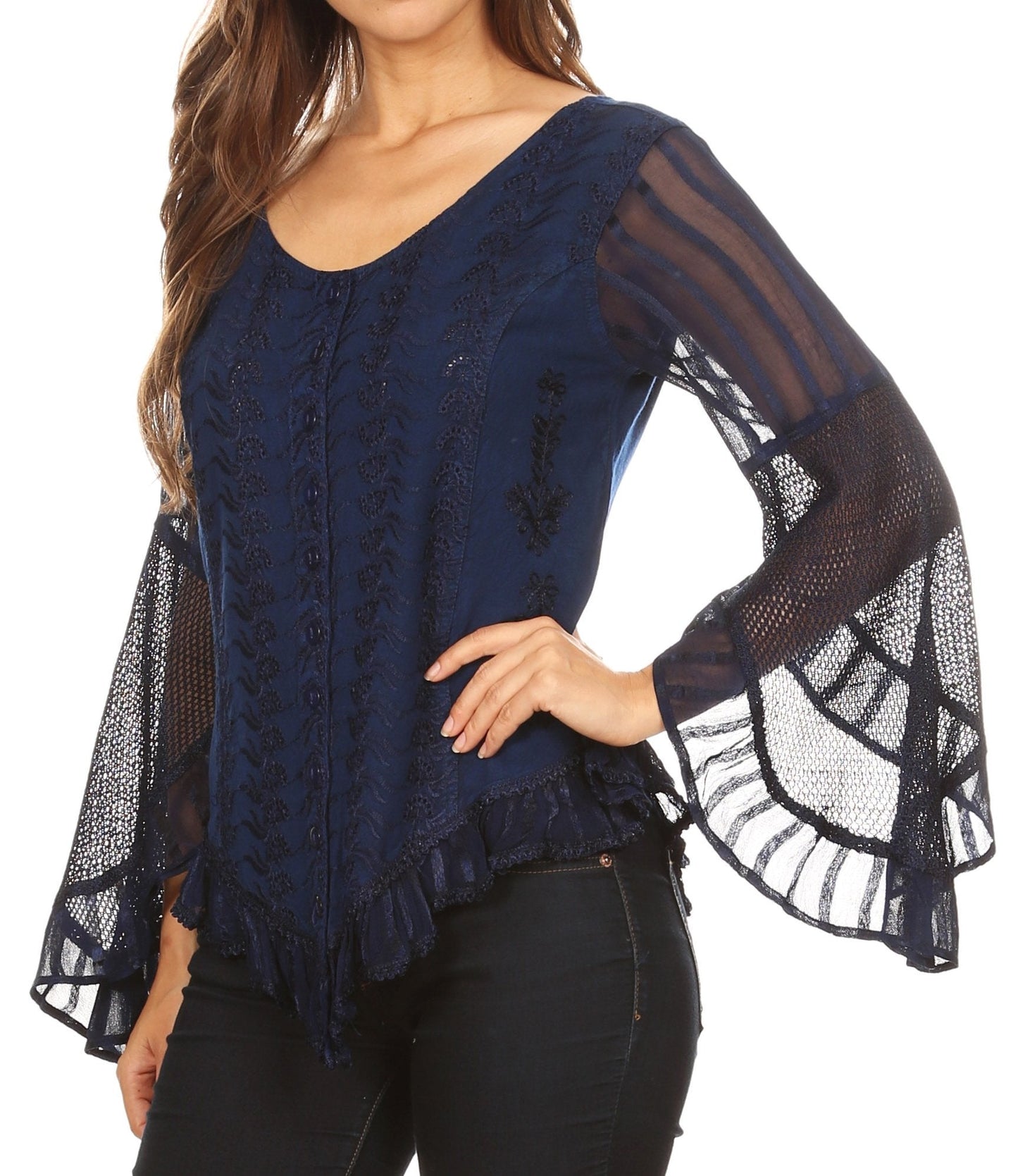 Sakkas Marga Blusa de Mujer con Botones Manga Larga Encaje Liso Sencilla