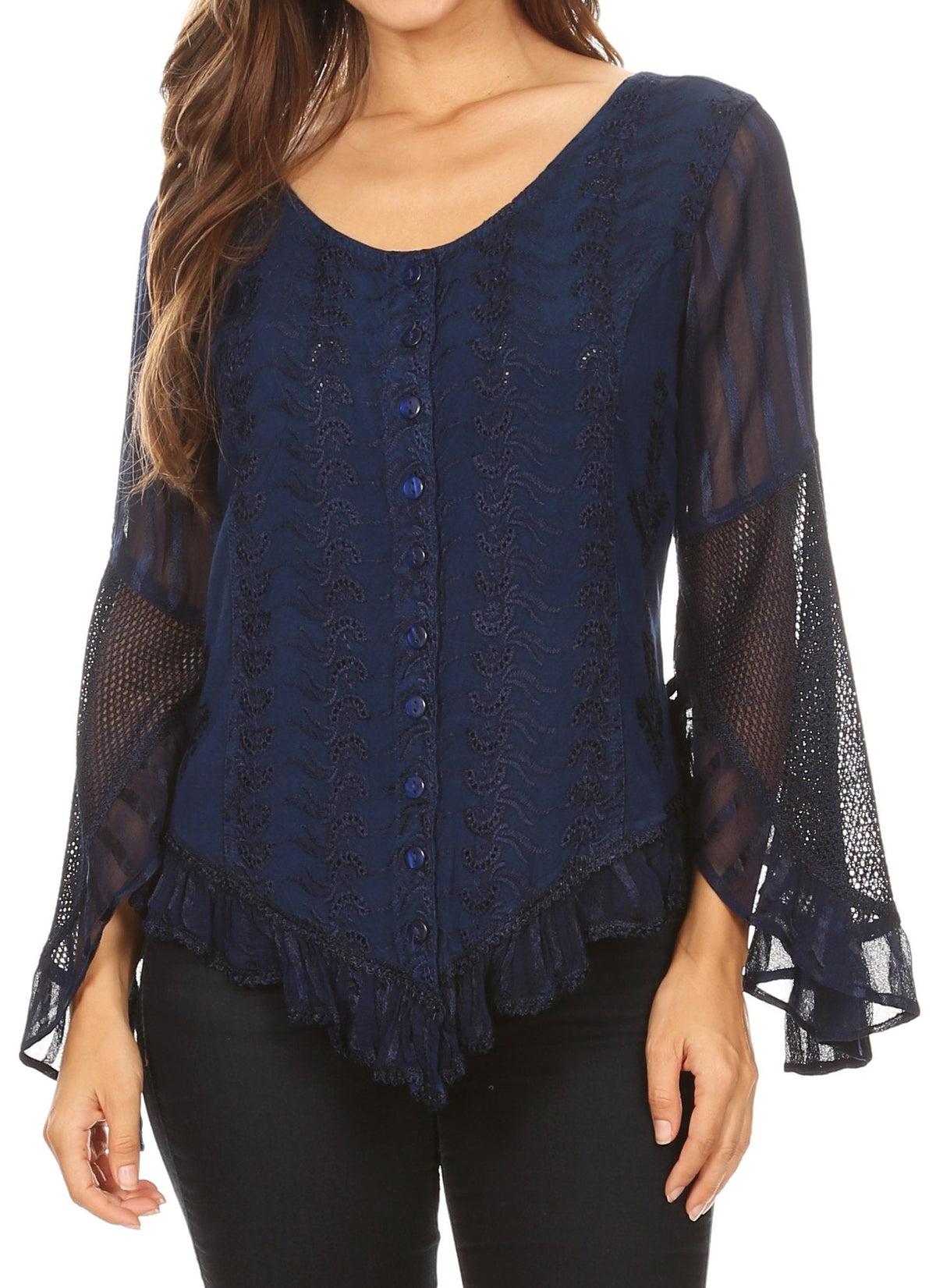 Sakkas Marga Blusa de Mujer con Botones Manga Larga Encaje Liso Sencilla