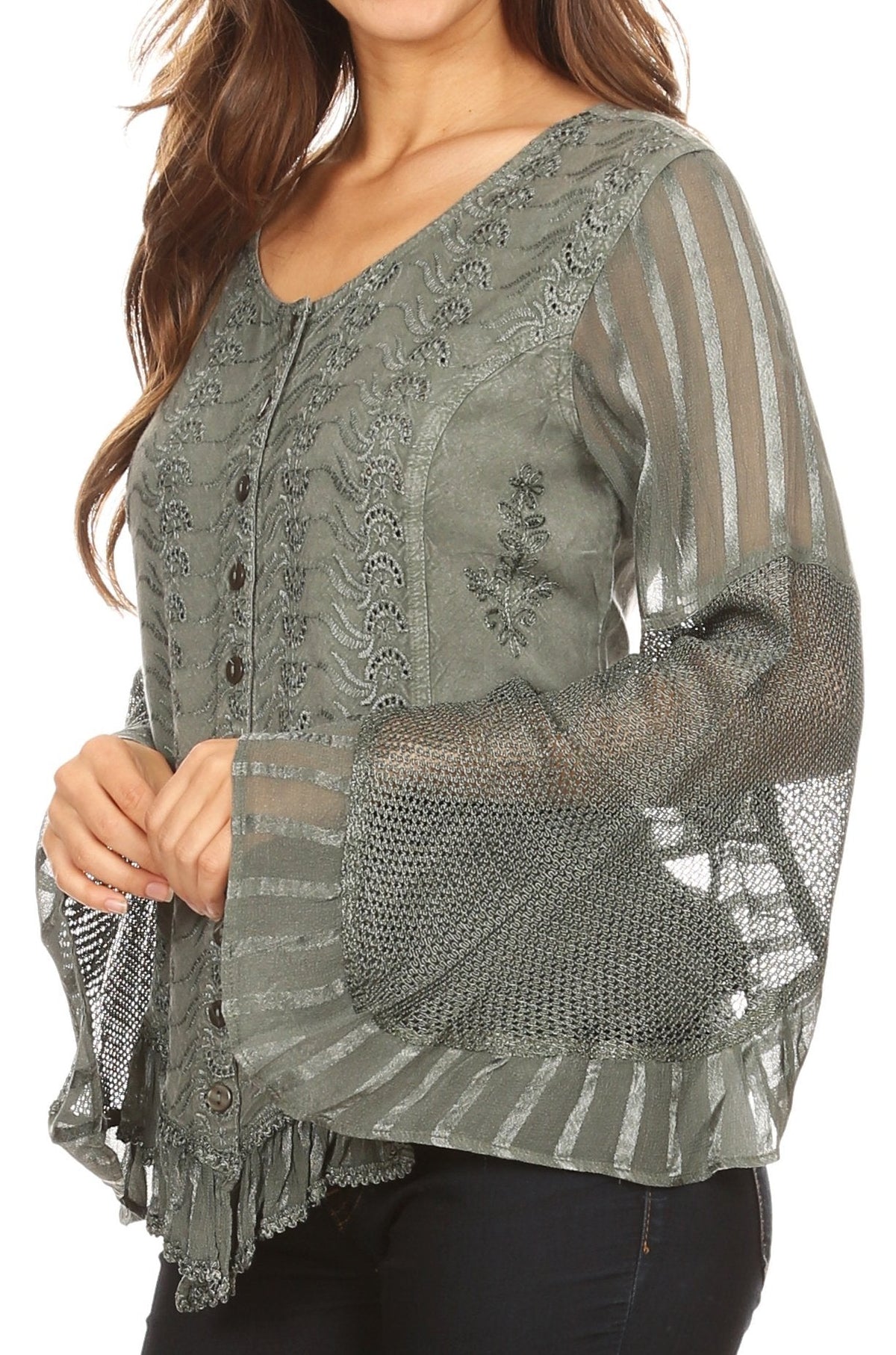 Sakkas Marga Blusa de Mujer con Botones Manga Larga Encaje Liso Sencilla
