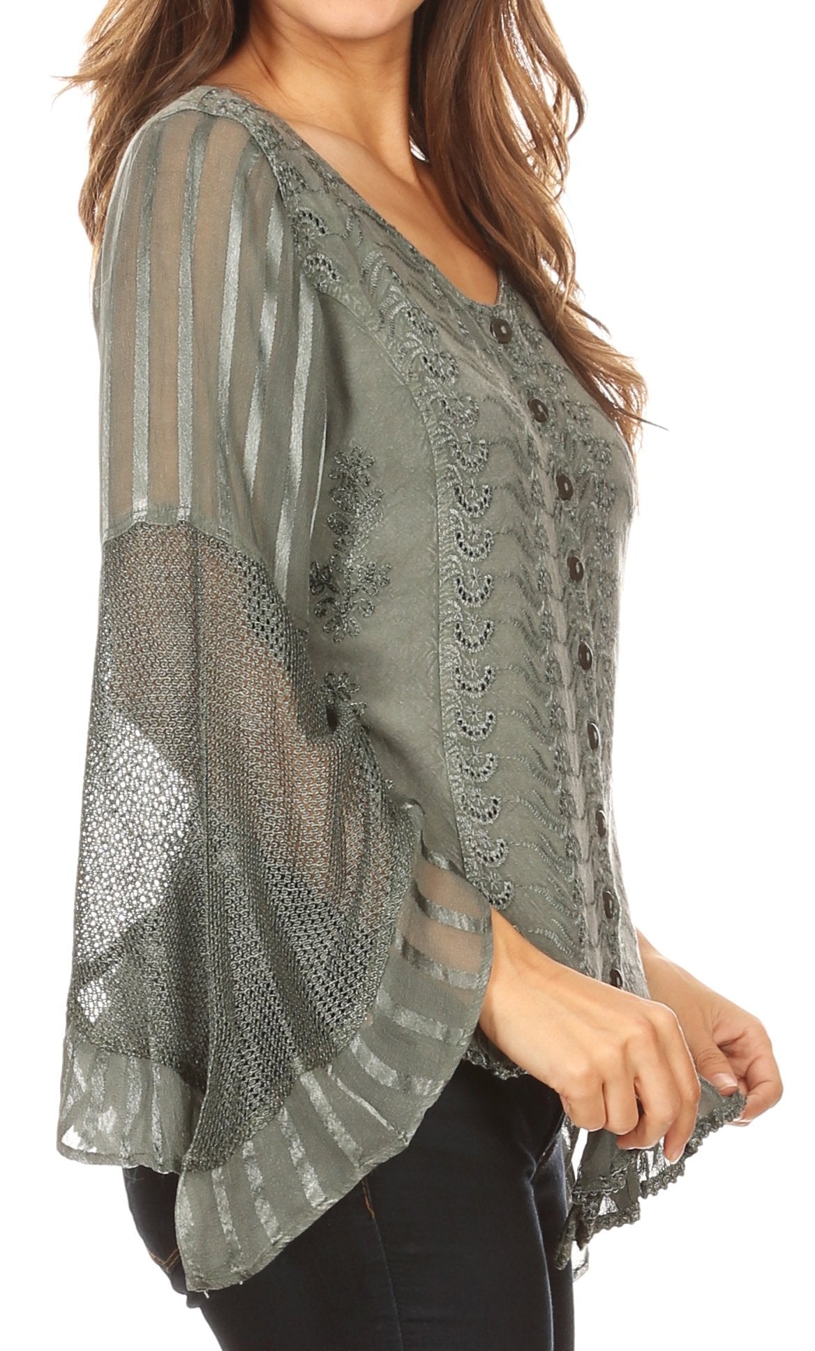Sakkas Marga Blusa de Mujer con Botones Manga Larga Encaje Liso Sencilla