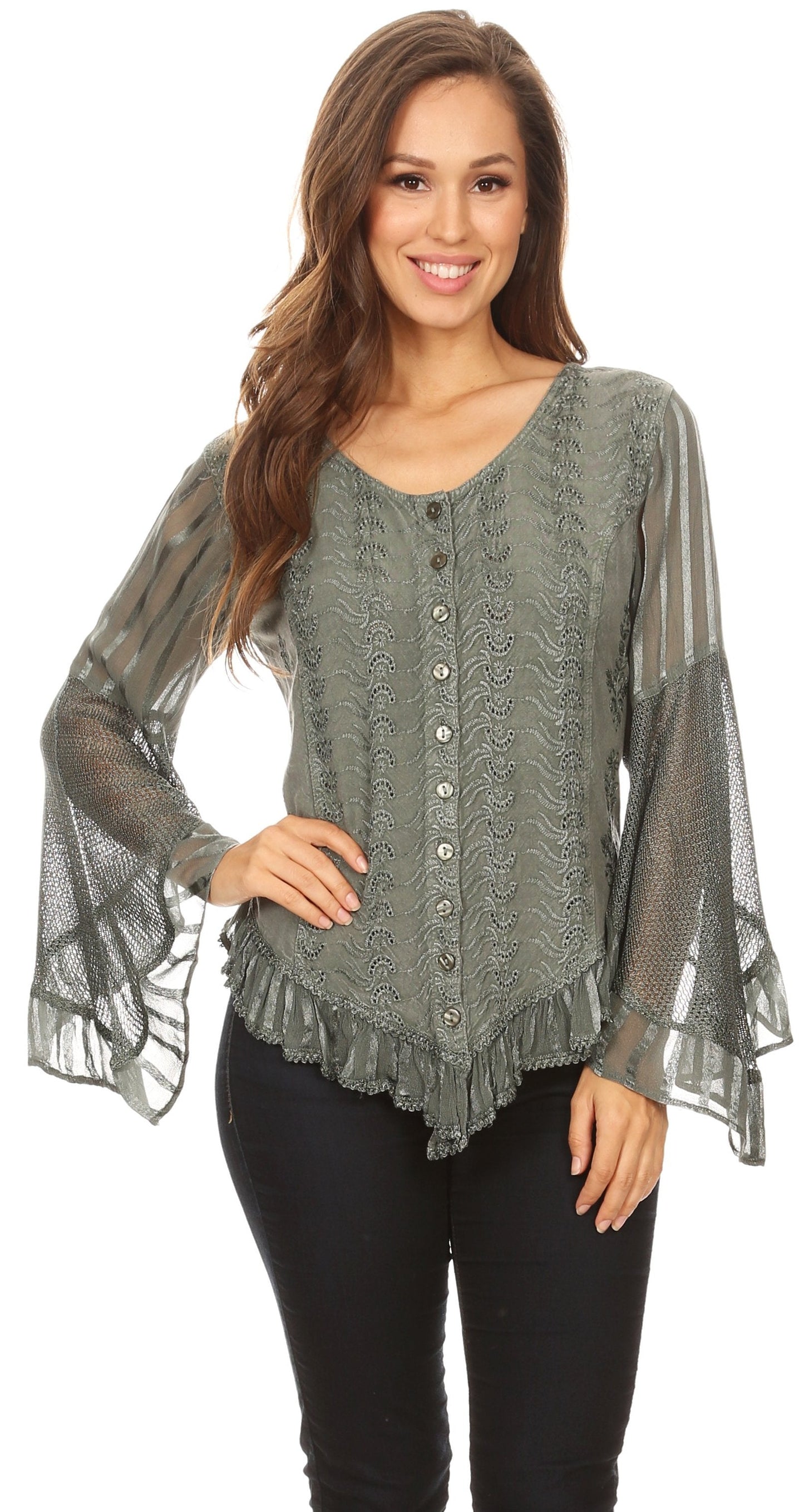 Sakkas Marga Blusa de Mujer con Botones Manga Larga Encaje Liso Sencilla