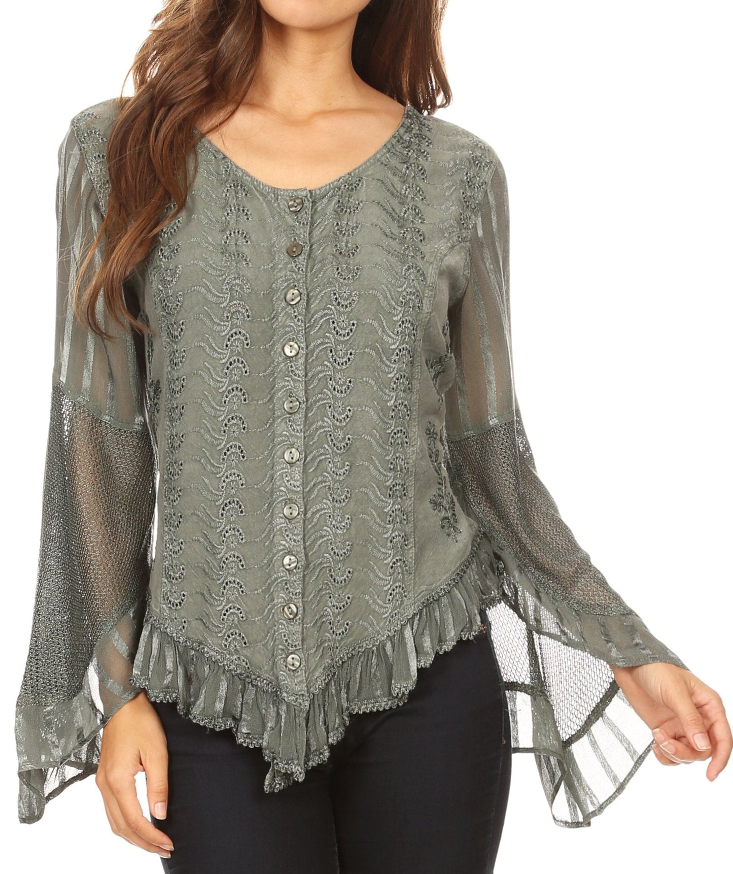 Sakkas Marga Blusa de Mujer con Botones Manga Larga Encaje Liso Sencilla