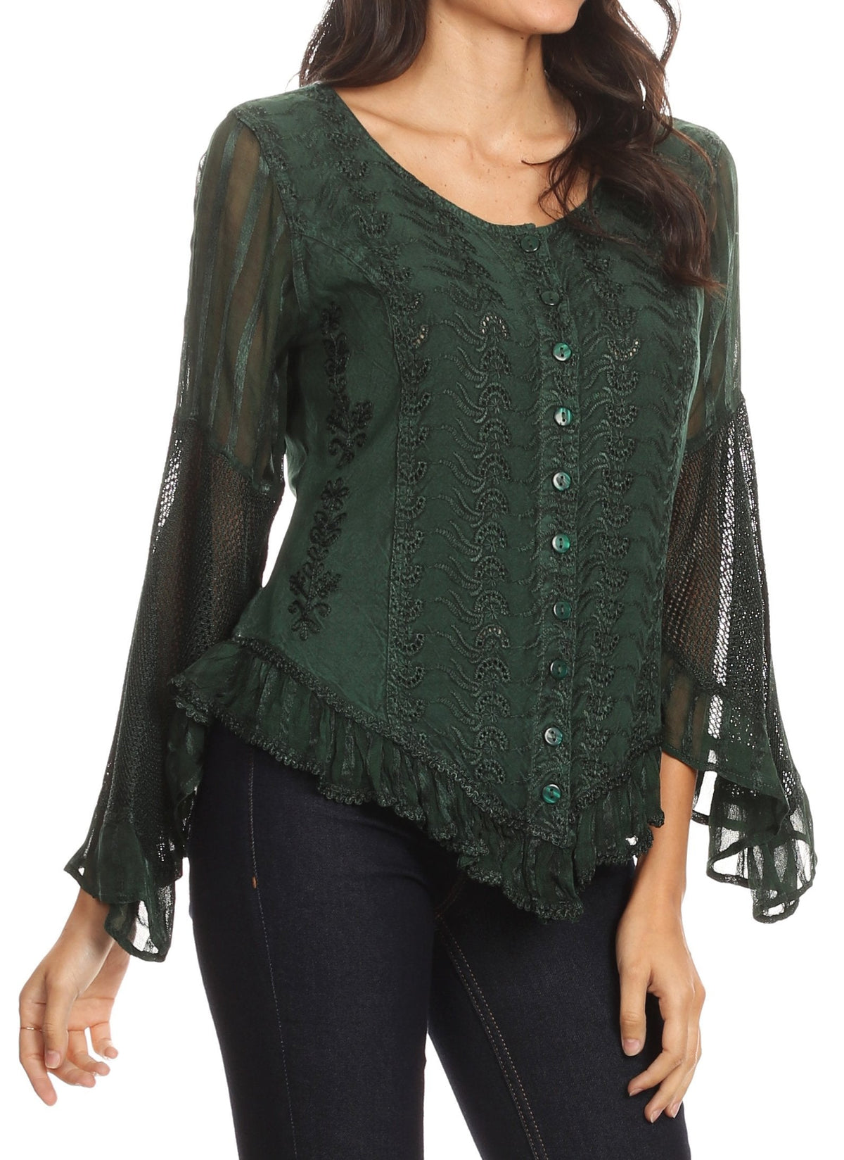 Sakkas Marga Blusa de Mujer con Botones Manga Larga Encaje Liso Sencilla
