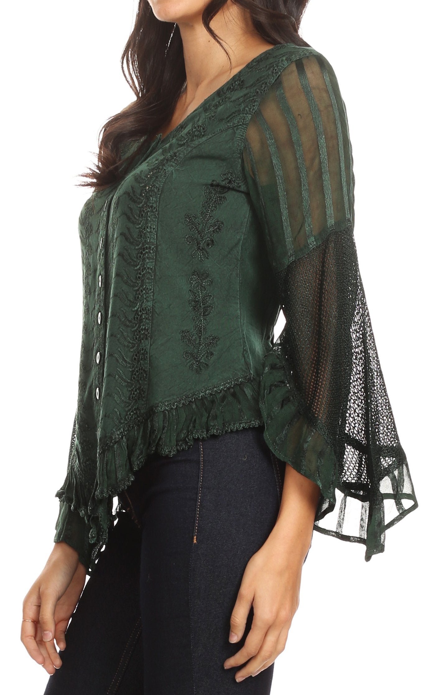Sakkas Marga Blusa de Mujer con Botones Manga Larga Encaje Liso Sencilla