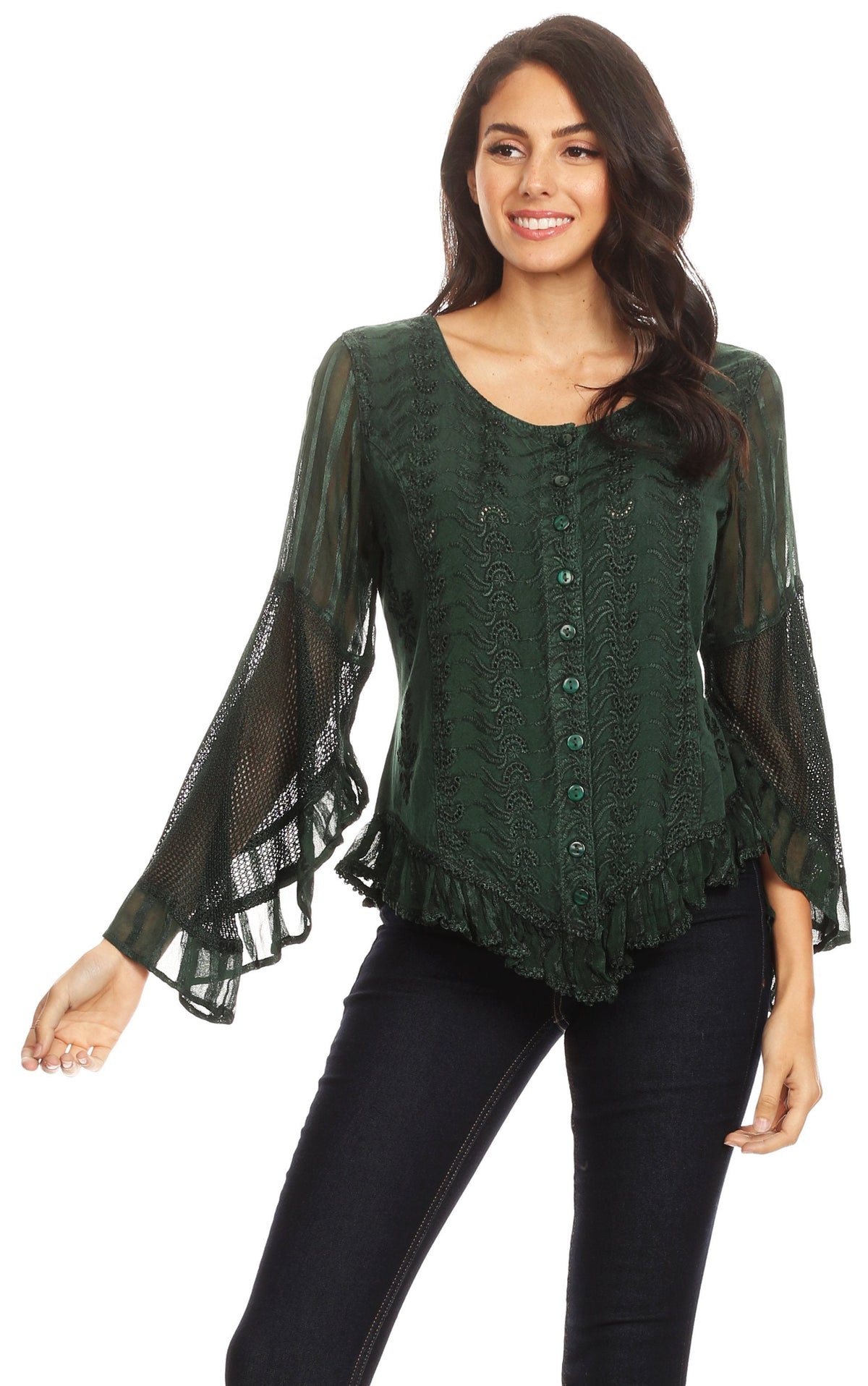 Sakkas Marga Blusa de Mujer con Botones Manga Larga Encaje Liso Sencilla