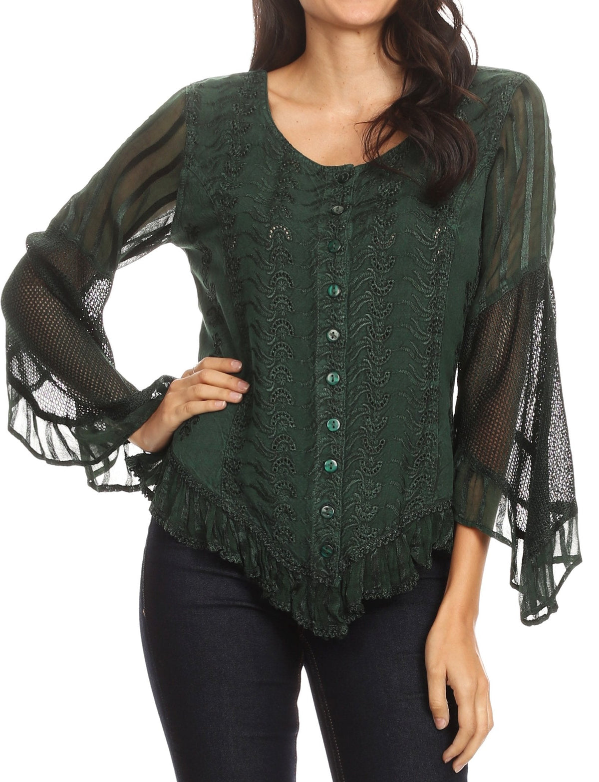 Sakkas Marga Blusa de Mujer con Botones Manga Larga Encaje Liso Sencilla