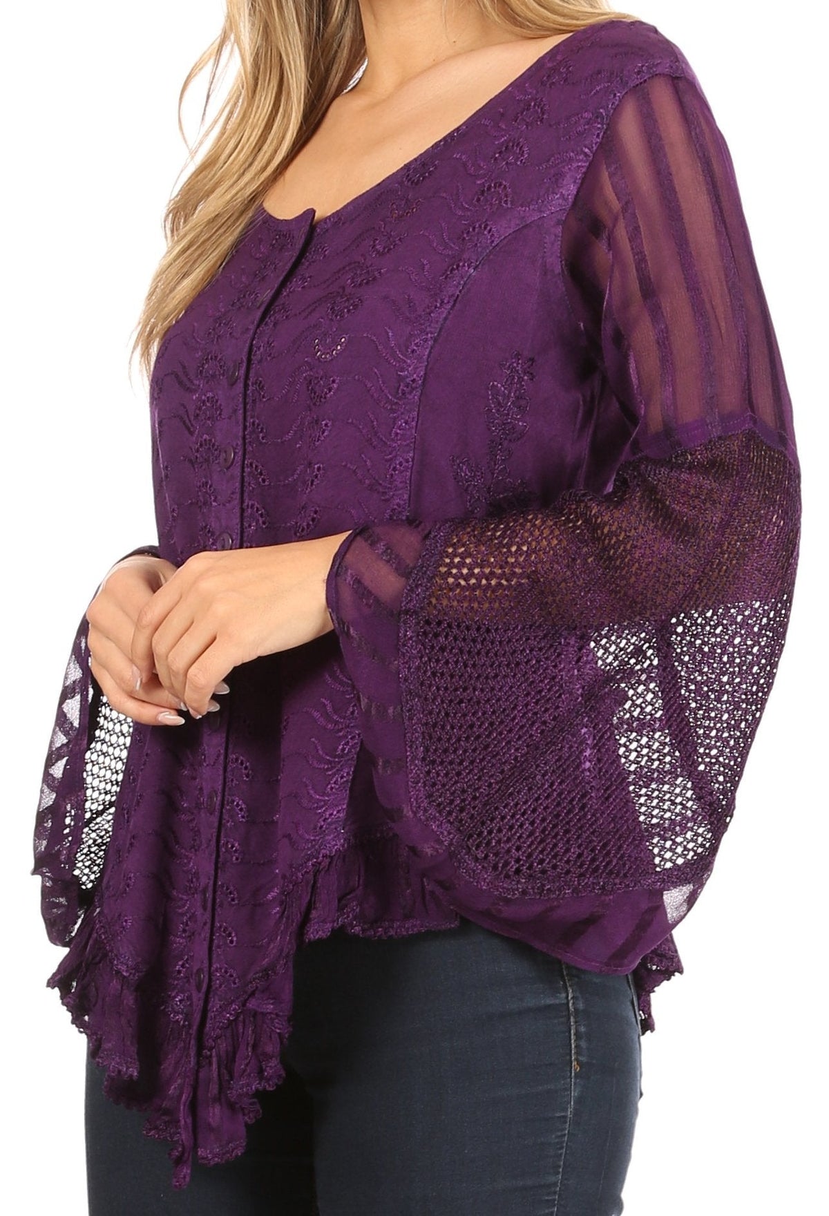 Sakkas Marga Blusa de Mujer con Botones Manga Larga Encaje Liso Sencilla