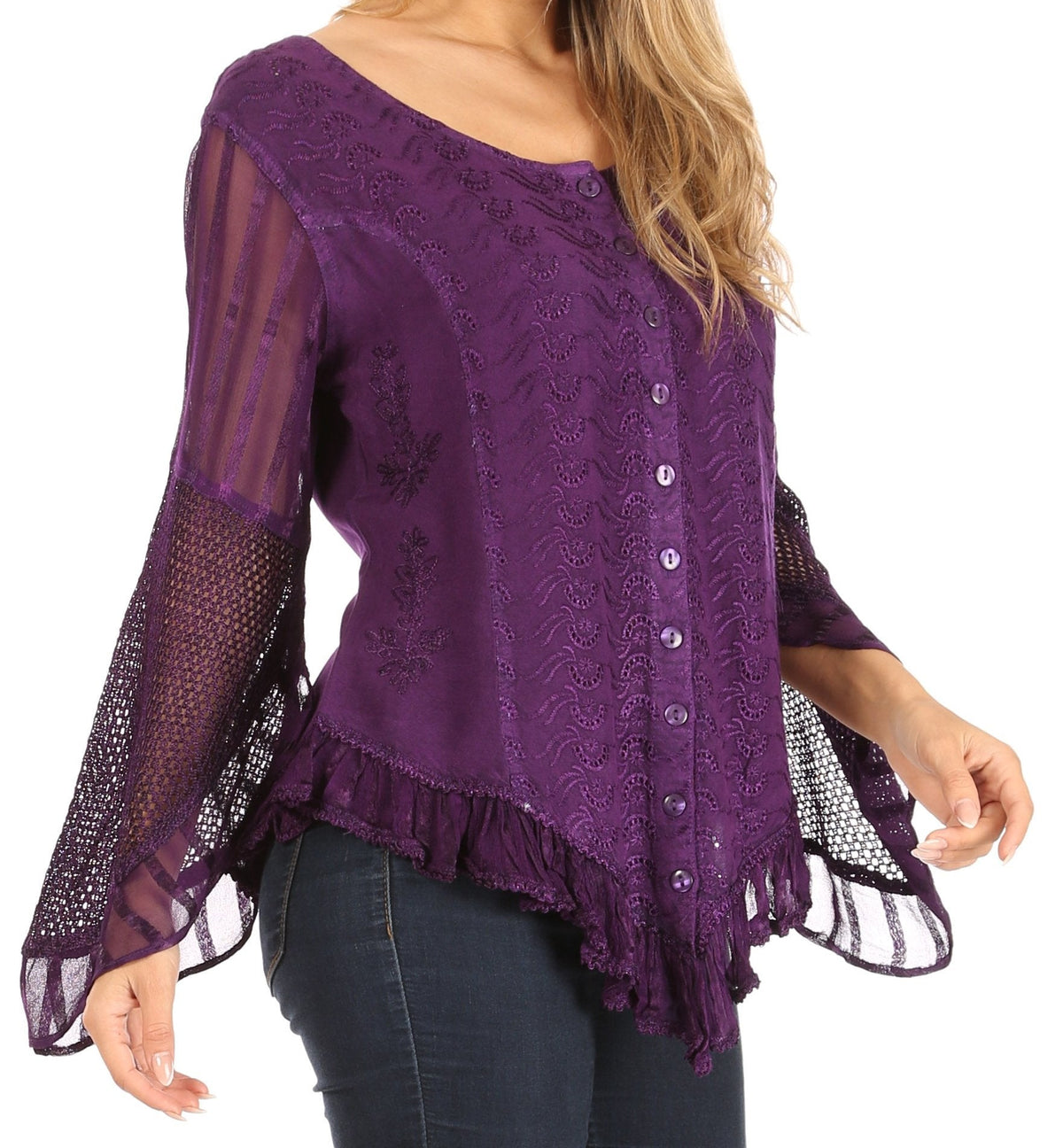 Sakkas Marga Blusa de Mujer con Botones Manga Larga Encaje Liso Sencilla