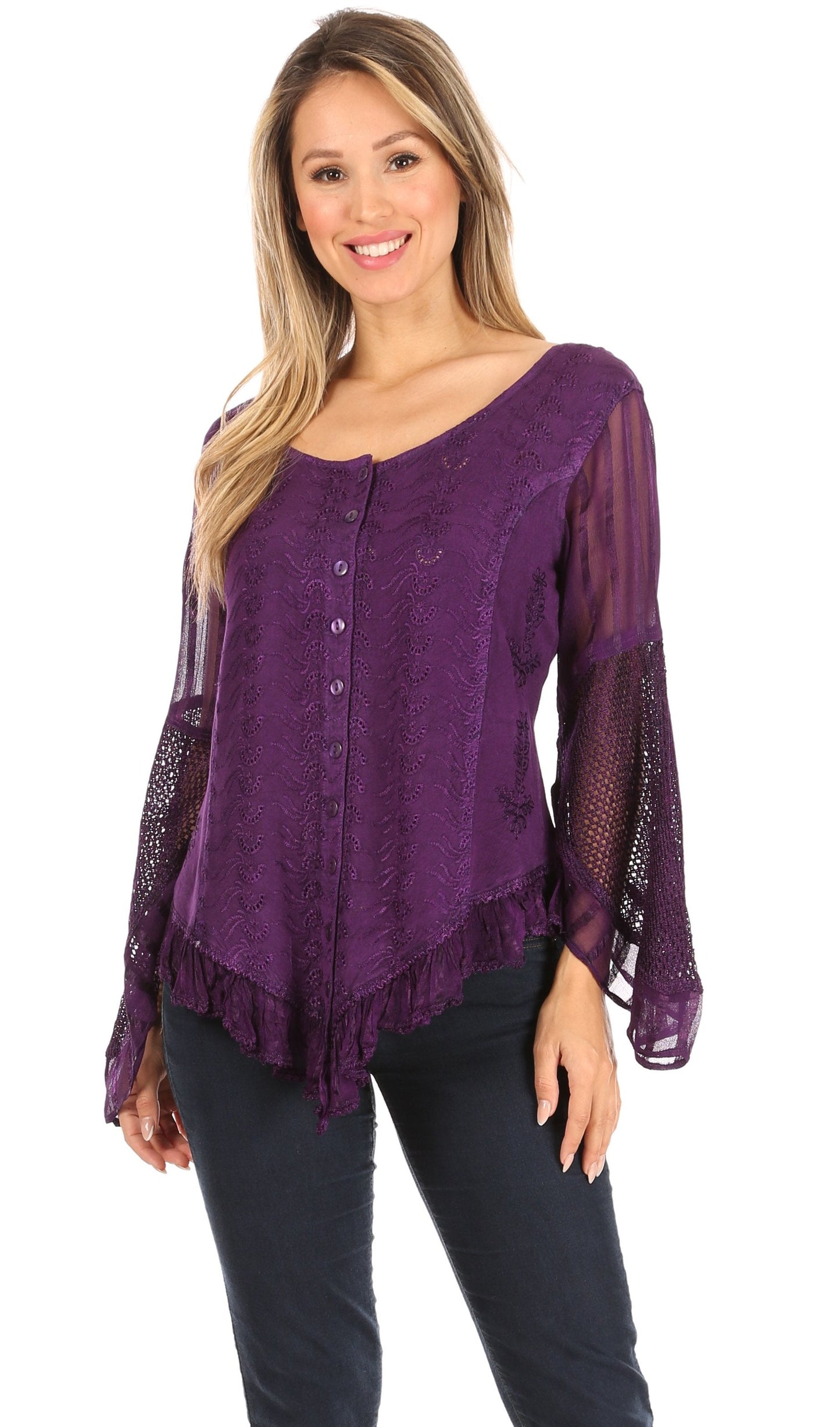 Sakkas Marga Blusa de Mujer con Botones Manga Larga Encaje Liso Sencilla