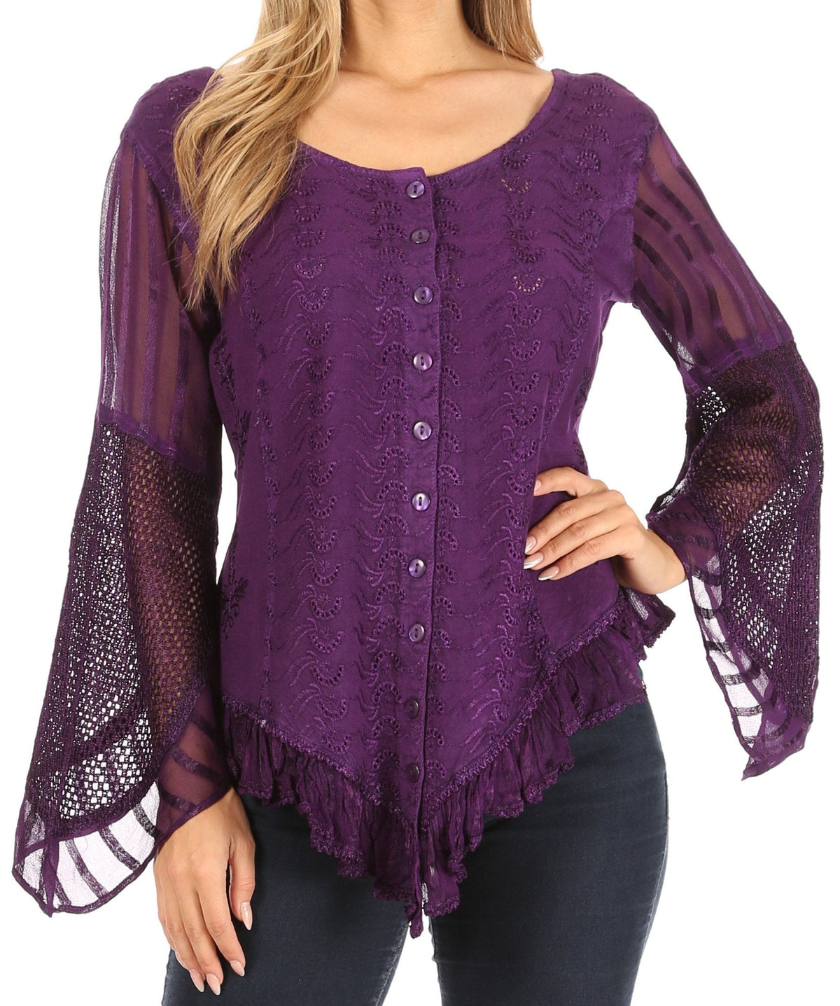 Sakkas Marga Blusa de Mujer con Botones Manga Larga Encaje Liso Sencilla