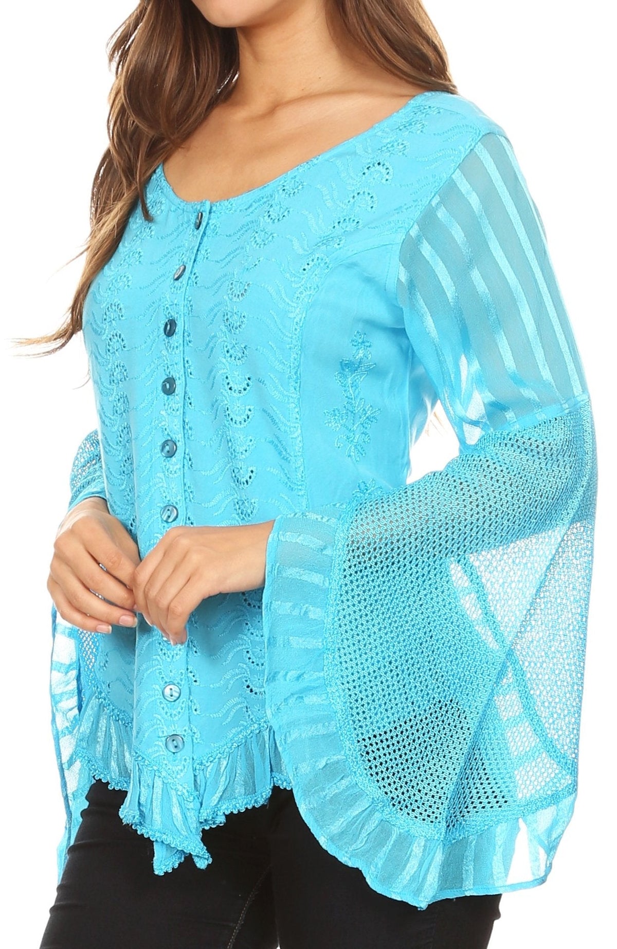 Sakkas Marga Blusa de Mujer con Botones Manga Larga Encaje Liso Sencilla