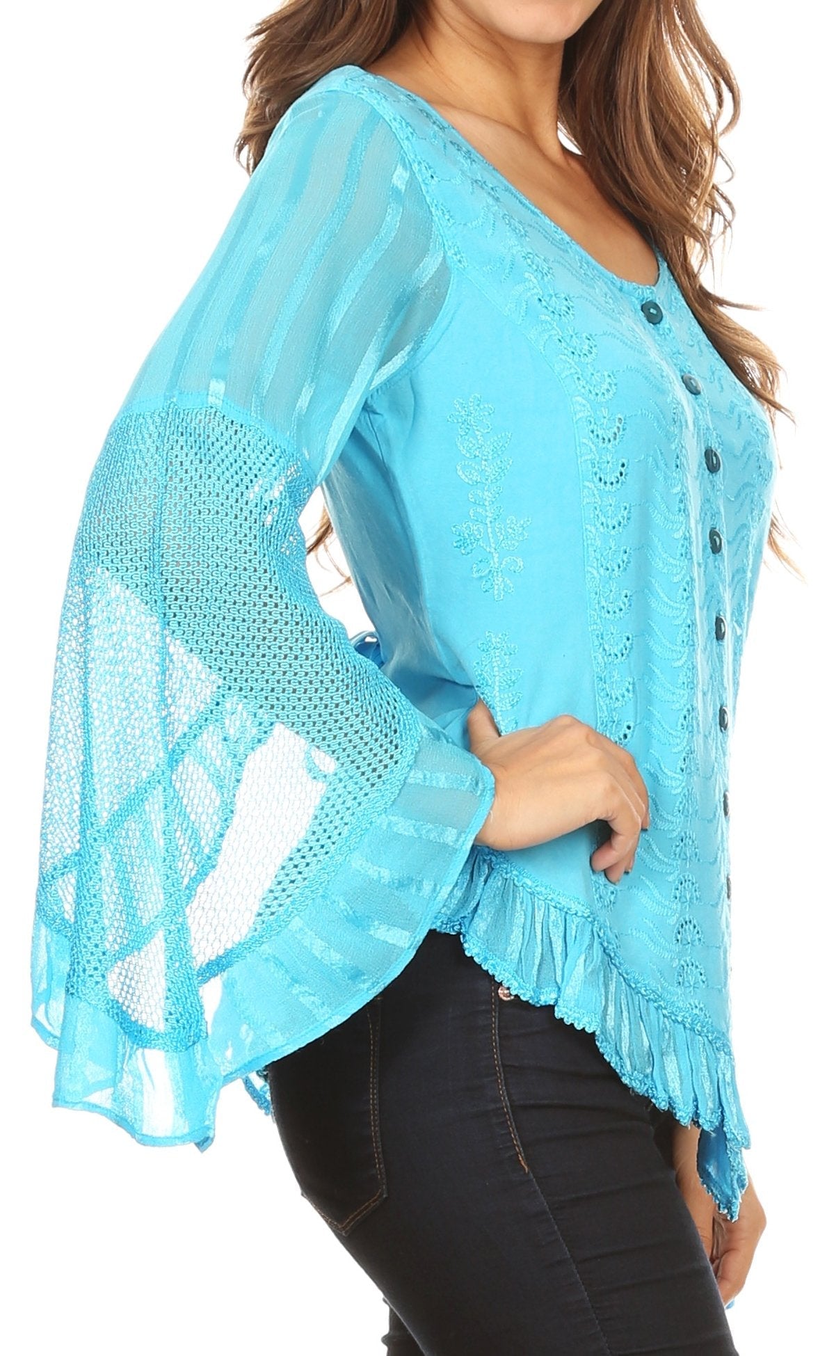 Sakkas Marga Blusa de Mujer con Botones Manga Larga Encaje Liso Sencilla