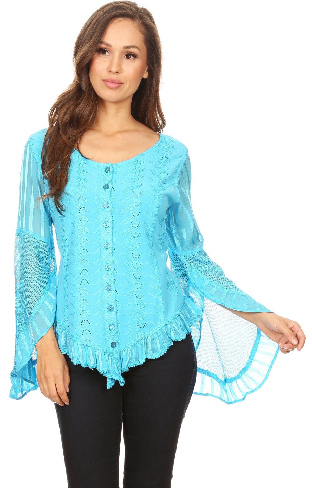 Sakkas Marga Blusa de Mujer con Botones Manga Larga Encaje Liso Sencilla