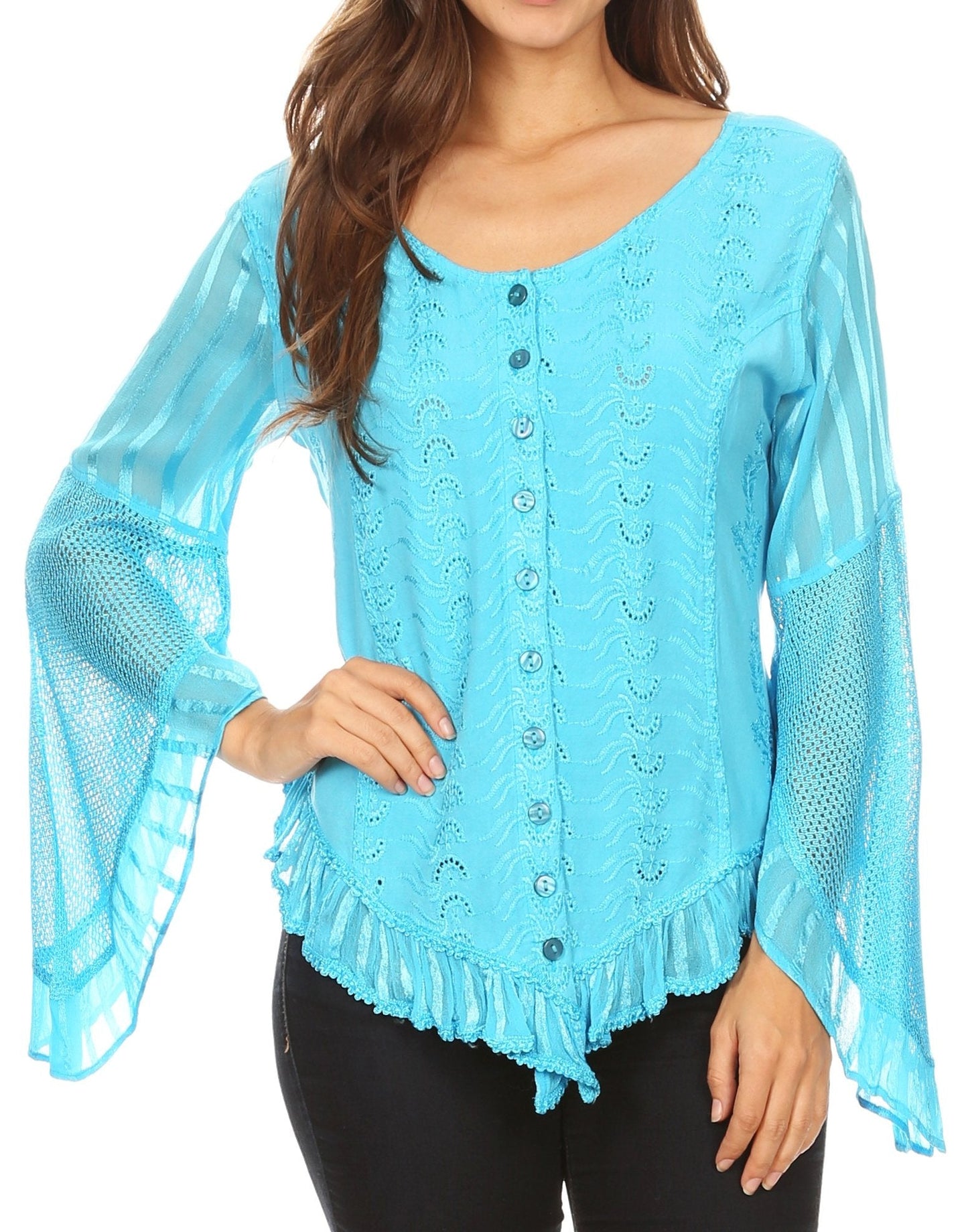 Sakkas Marga Blusa de Mujer con Botones Manga Larga Encaje Liso Sencilla