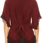 Sakkas Adela Womens 3/4 Sleeve V neck Lace and Embroidery Top Blouse with Ties