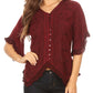 Sakkas Adela Womens 3/4 Sleeve V neck Lace and Embroidery Top Blouse with Ties