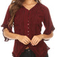 Sakkas Adela Womens 3/4 Sleeve V neck Lace and Embroidery Top Blouse with Ties