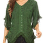 Sakkas Adela Womens 3/4 Sleeve V neck Lace and Embroidery Top Blouse with Ties