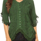 Sakkas Adela Womens 3/4 Sleeve V neck Lace and Embroidery Top Blouse with Ties