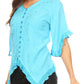 Sakkas Adela Womens 3/4 Sleeve V neck Lace and Embroidery Top Blouse with Ties