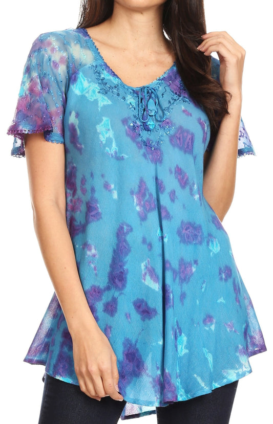 Sakkas Allegra Blusa tipo túnica de manga corta, ajuste holgado y estilo tie-dye para mujer