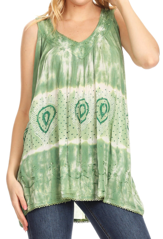 Sakkas Milva - Blusa tipo túnica sin mangas con estampado Tie Dye suelto e informal para mujer
