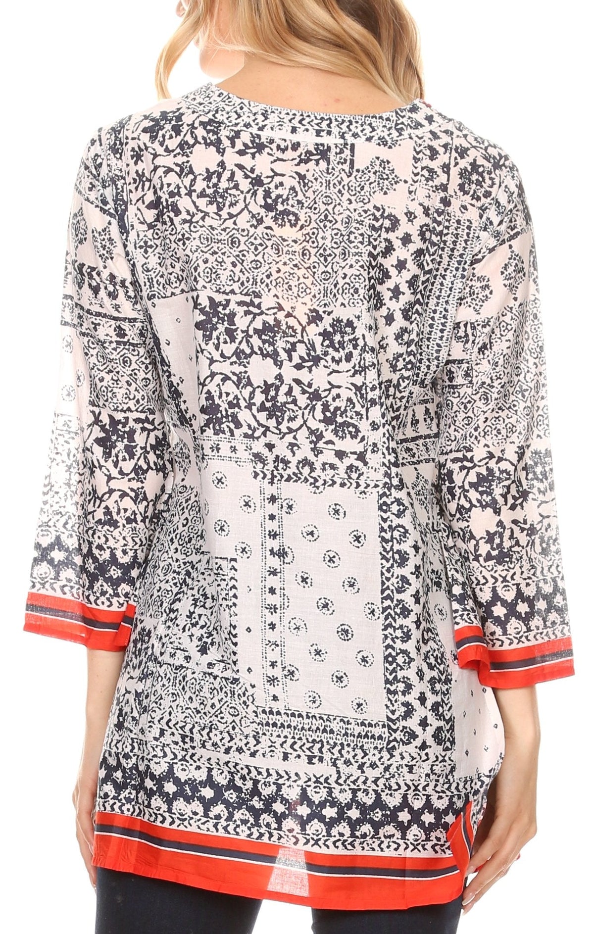 Sakkas Sasa Women's Casual Summer Cotton 3/4 Sleeve Print Loose Tunic Top Blouse