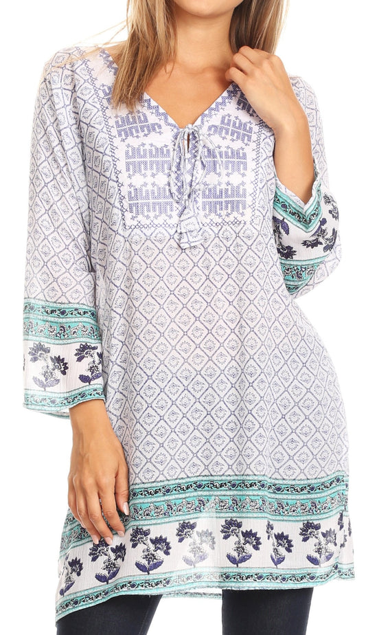 Blusa Túnica Sakkas Dalila de Rayón Suave Estampado Damasco Arrugado con Bordado