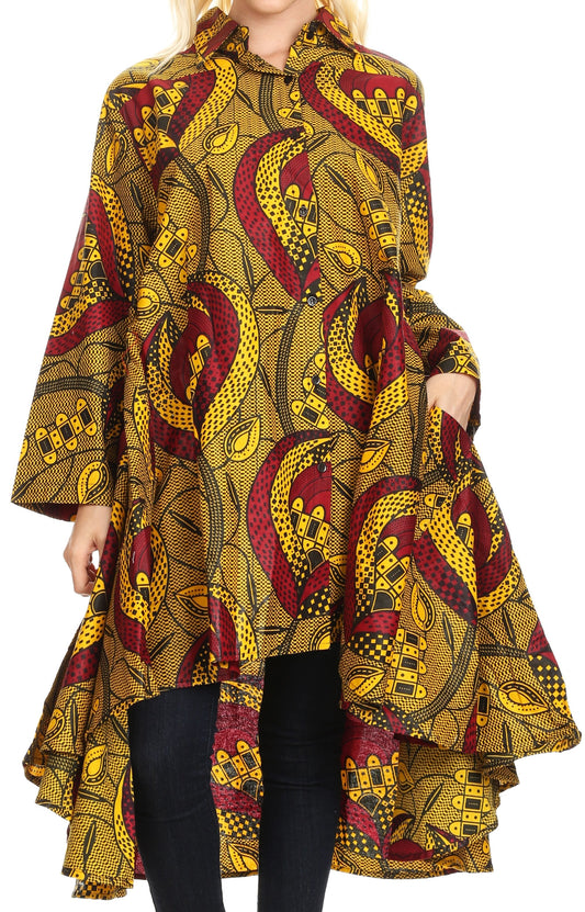 Sakkas Sol Vestido de verano holgado tipo swing para mujer, estampado africano, manga enrollable, botones
