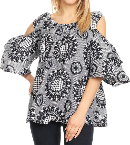 Blusa acampanada de mujer Sakkas Miranda Ankara africana con hombros descubiertos y manga corta