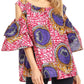 Sakkas Miranda Women's African Ankara Cold Shoulder Short Sleeve Flare Top Blouse