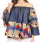 Sakkas Desta Off-shoulder Tent Top Blouse on Chambray and Wax African Ankara Print