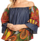 Sakkas Desta Off-shoulder Tent Top Blouse on Chambray and Wax African Ankara Print
