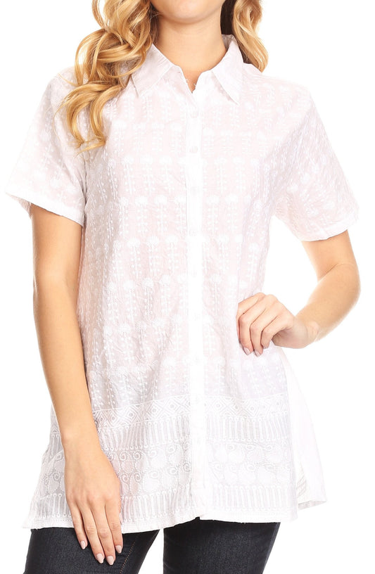 Camisa Tejida Floral Bordada de Manga Corta Lavina Sakkas
