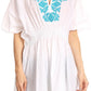 Sakkas Octavia Smocked Dolman Sleeve Fringe Blouse with Split Neck and Embroidery