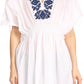 Sakkas Octavia Smocked Dolman Sleeve Fringe Blouse with Split Neck and Embroidery