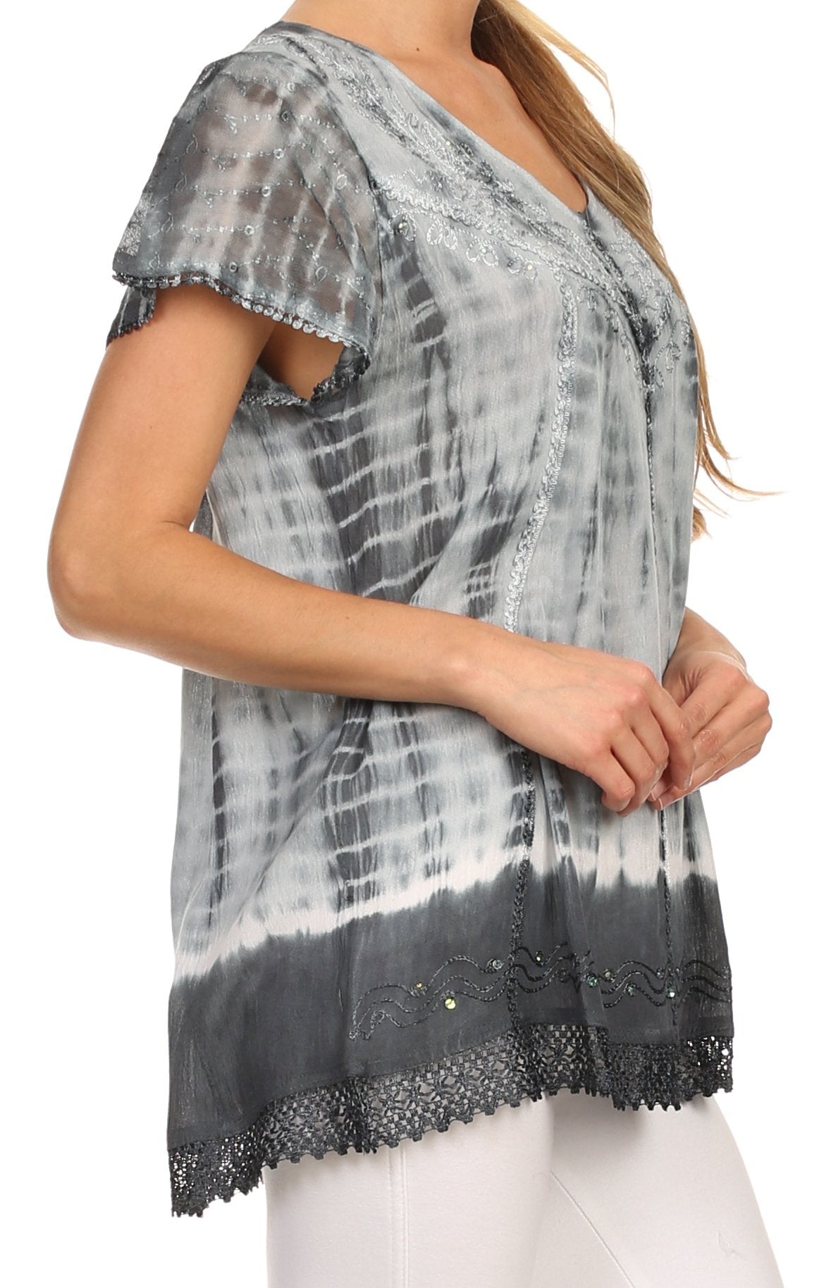 Sakkas Dior Embroidery And Seqiun Accents Drop Neck Blouse