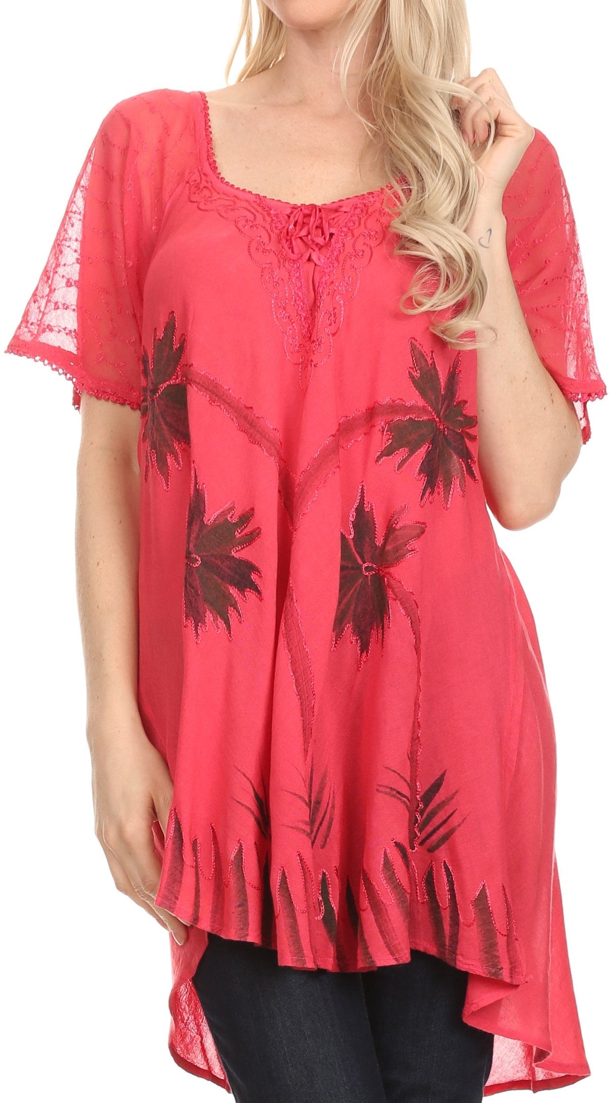Sakkas Albina Island Relaxed Fit Embroidery Cap Sleeves Blouse / Top