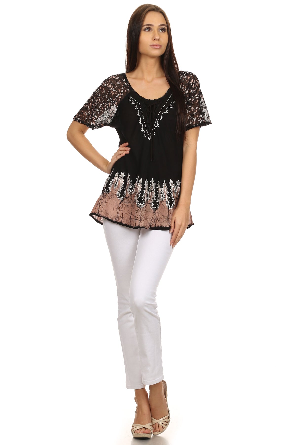 Blusa/Top Sakkas Cora de Manga Corta con Bordado y Diseño Batik de Corte Holgado