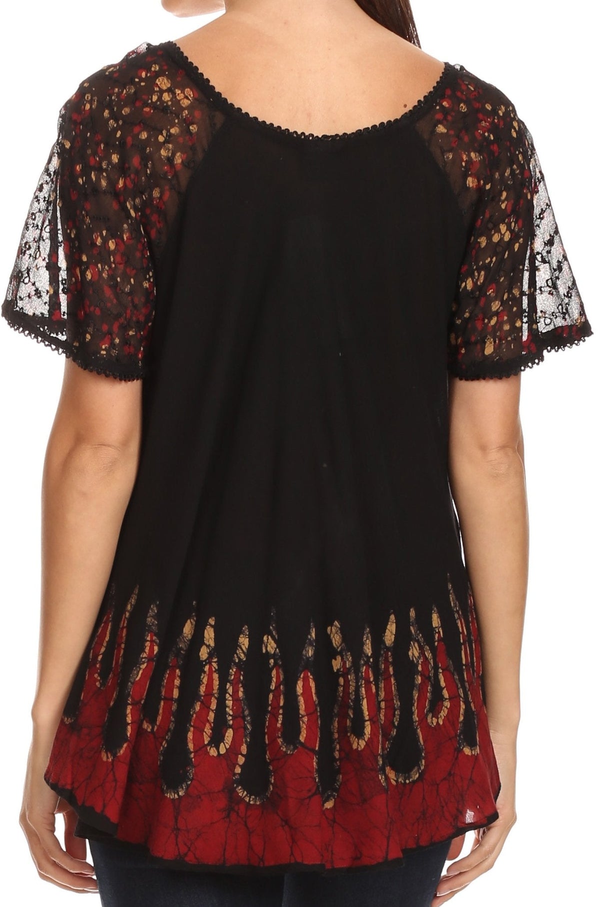 Blusa/Top Sakkas Cora de Manga Corta con Bordado y Diseño Batik de Corte Holgado